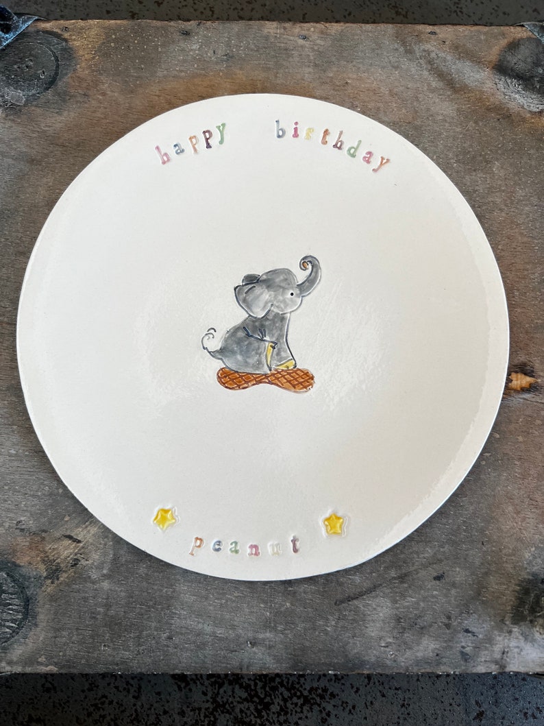 Personalized Ceramic Elephant Birthday Plate, Custom Colorful Dessert Plate for Kids and Adults, Hand Built Ceramic Plate , Birthday Gift image 1