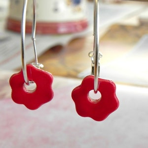 Red Flower Ceramic Earrings Sterling Silver Plated Hoop Earrings Minimalist Ceramic Jewelry image 1