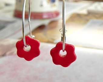 Red Flower Ceramic Earrings  Sterling Silver Plated Hoop Earrings Minimalist Ceramic Jewelry