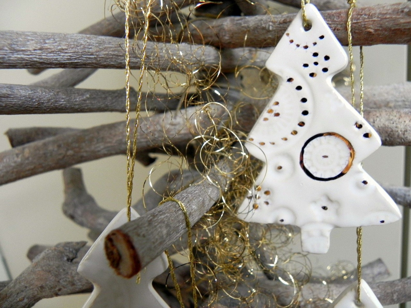 White Gold Ceramic Christmas Tree Ornaments Lace Pottery Gold Etsy