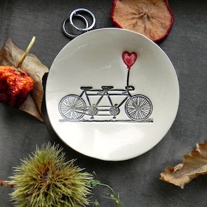 Engagement Ring Holder, Bicycle Love Plate or Ornament, Tandem and Heart Ceramic Wedding Ring Dish, Ivory Ring Pillow Custom Ring Plate image 3