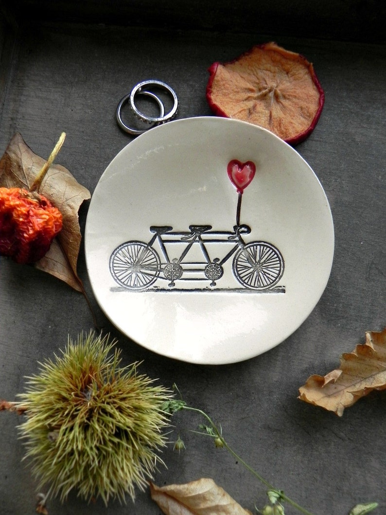 Engagement Ring Holder, Bicycle Love Plate or Ornament, Tandem and Heart Ceramic Wedding Ring Dish, Ivory Ring Pillow Custom Ring Plate image 3