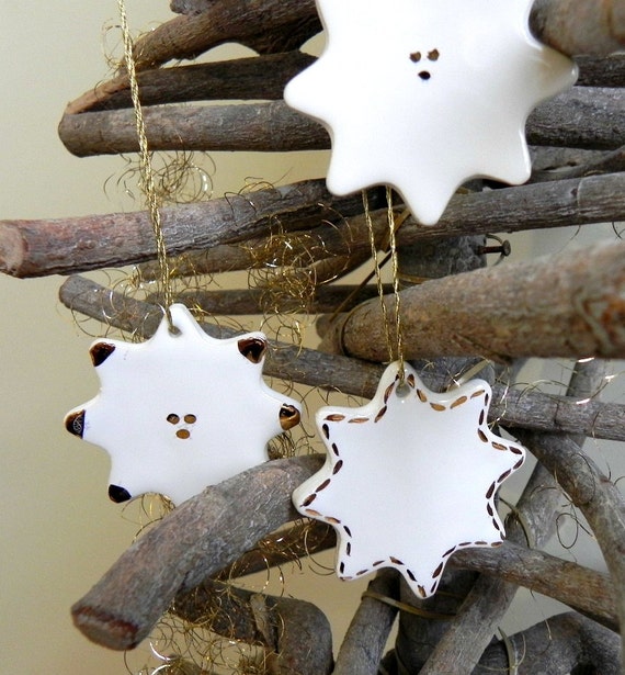 5 White Gold Christmas Pottery Ornaments Deer Stars Luxury Etsy