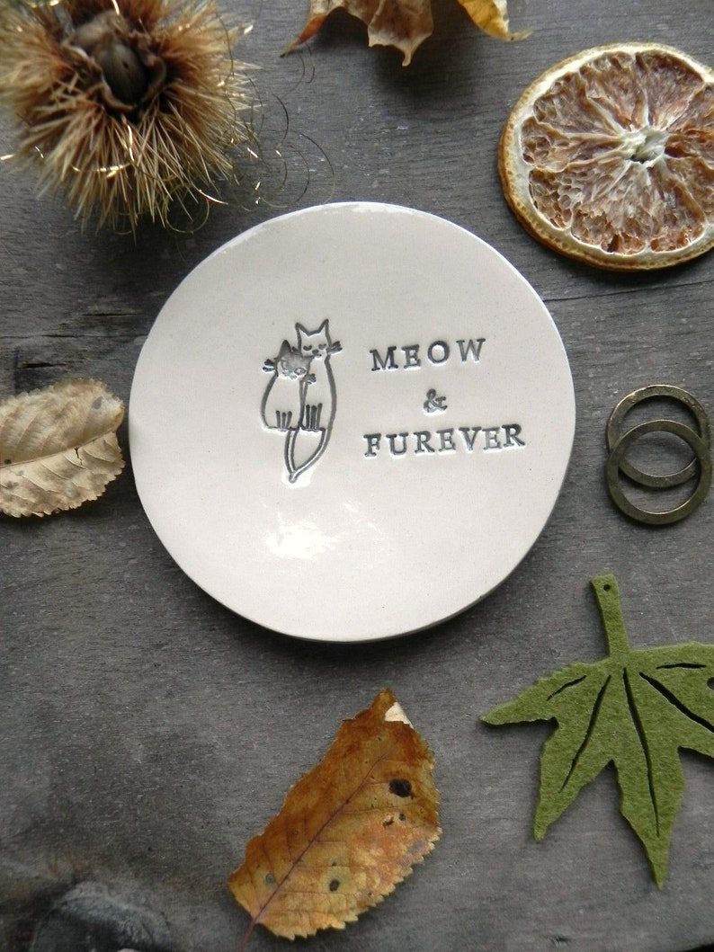 Engagement Ring Holder, Cat Personalized Ceramic Plate, Wedding Ring Dish, Meow & Furever Anniversary Ring Pillow, Custom Ring Dish Pottery image 3