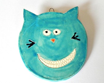 Ceramic Teal Cat Ornament Turquoise Animal Pottery Smily Face For Kids with White Teeth