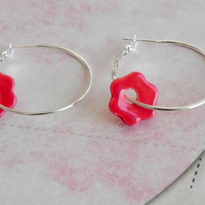 Red Flower Ceramic Earrings Sterling Silver Plated Hoop Earrings Minimalist Ceramic Jewelry image 5