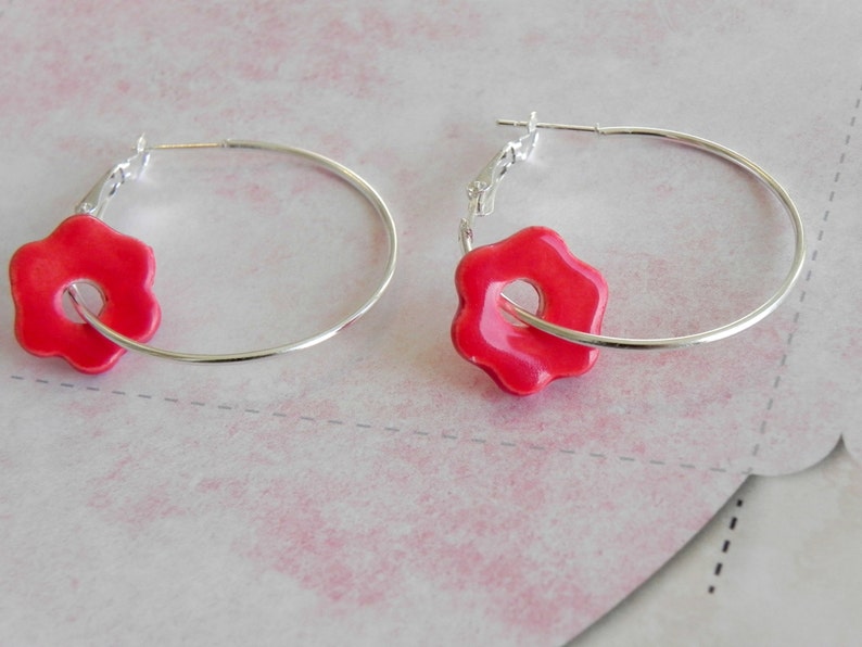 Red Flower Ceramic Earrings Sterling Silver Plated Hoop Earrings Minimalist Ceramic Jewelry image 5