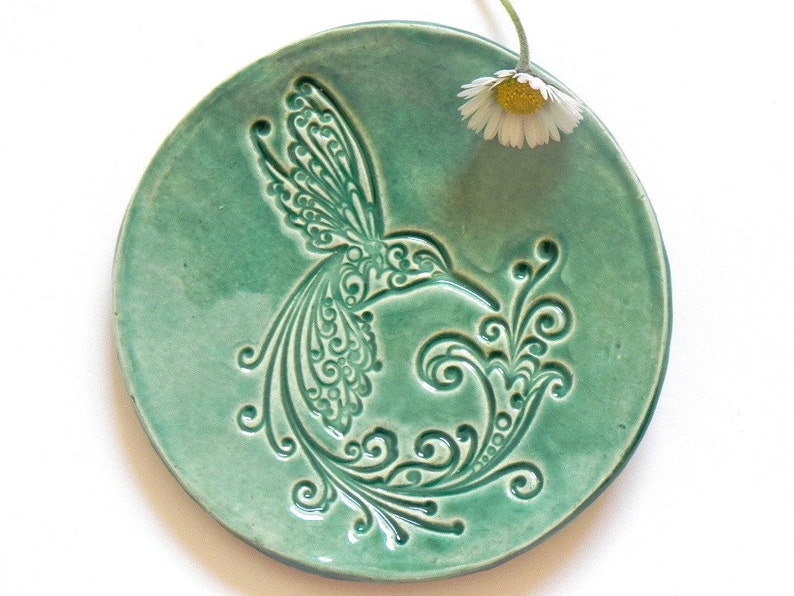 Ceramic Dish Bird Mint Plate Jewelry Dish Hummingbird Ring Holder Home Decoration Pottery image 1