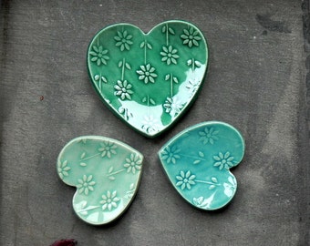 Valentines Gift Set Heart Ceramic Ring Dish Mint and Turquoise Love Pottery Plate Flower Jewelry Dish Set of 3