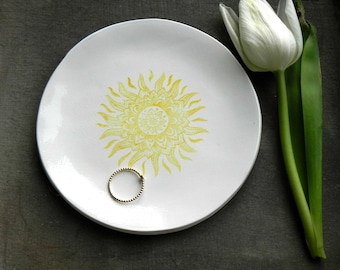 Sun Mandala White Porcelain Ring Dish, Yellow Sun Ceramic Plate Jewelry Dish geometric  Home Decor, Porcelain Trinket Dish