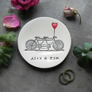 Engagement Ring Holder, Bicycle Love Plate or Ornament, Tandem and Heart Ceramic Wedding Ring Dish, Ivory Ring Pillow Custom Ring Plate image 6