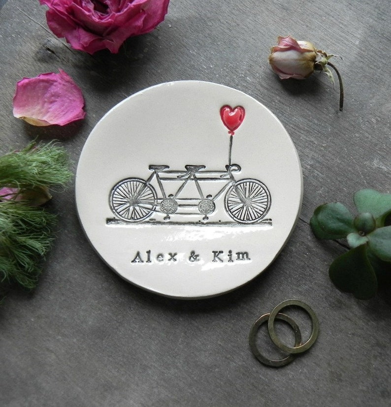 Engagement Ring Holder, Bicycle Love Plate or Ornament, Tandem and Heart Ceramic Wedding Ring Dish, Ivory Ring Pillow Custom Ring Plate image 6