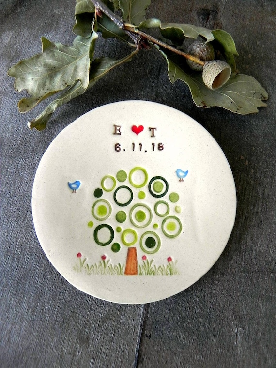 Personalized Modern Tree Wedding Ring Holder  Little Bird Ceramic Ring Dish Ivory Ring Pillow Custom Ring Bearer Green Tree Pottery