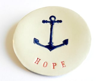 Ceramic Jewelry Dish Anchor Plate Red and Navy Blue Pottery Plate HOPE Text Message