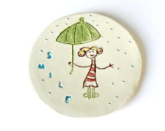 Round Dish Smile Ceramic Plate Umbrella Pottery White Eco Friendly Rain Ring Bowl OOAK