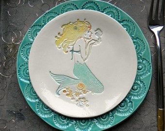 Mermaid Ceramic Plate Turquoise Lace Dessert Plate Ocean Serving Plate Trinket Dish - Set of 2