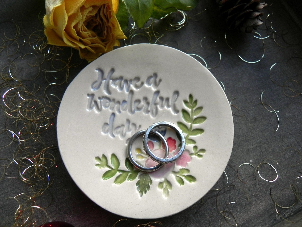 Fleur Ring Dish Good Day Céramique Plaque Bijoux Plat Trinket Plat Coloré de Fleurs Porte-Bijoux