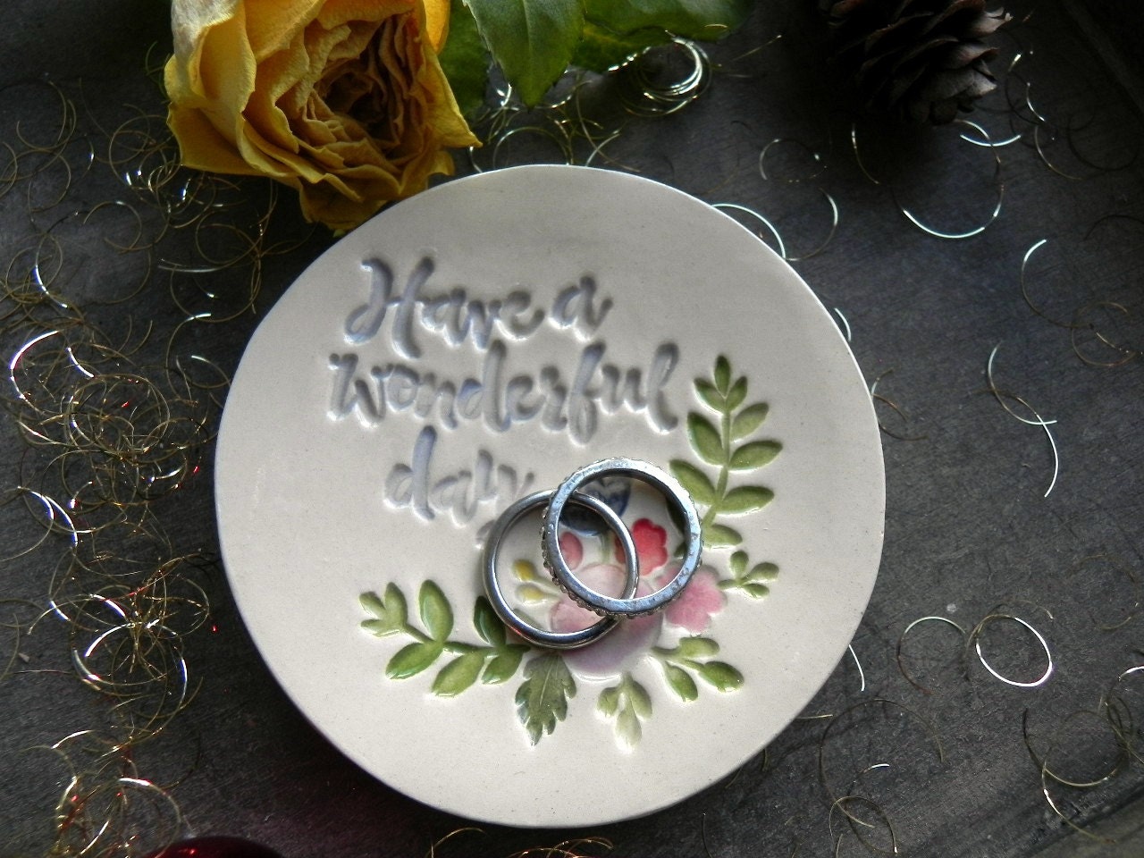 Fleur Ring Dish Good Day Céramique Plaque Bijoux Plat Trinket Plat Coloré de Fleurs Porte-Bijoux