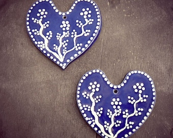 Blue Heart Ceramic Valentines Day Hearts Set of 2 Ornaments Eco Friendly Pottery Wedding Favor Mothers Day Gift