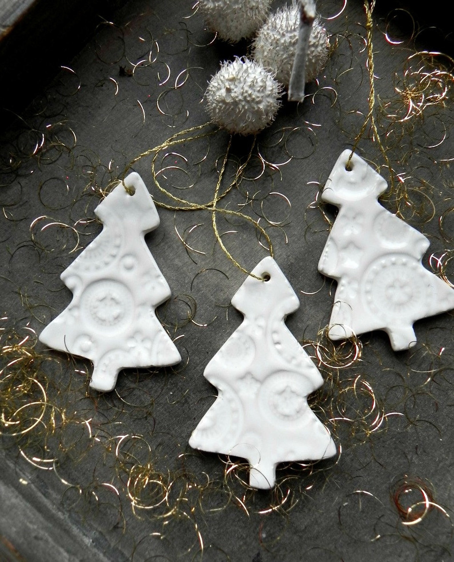 White Gold Ceramic Christmas Tree Ornaments Lace Pottery Gold Etsy