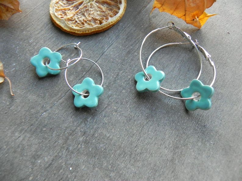 Flower Ceramic Earrings Purple Hoop Turquoise Earrings Etsy