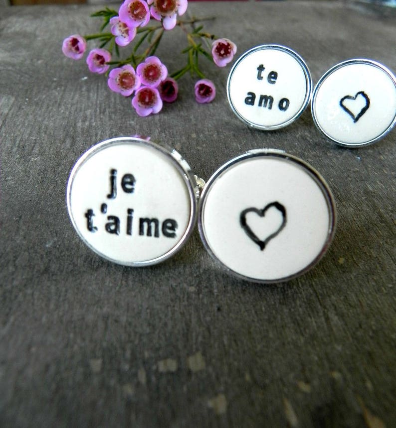 Personalized Love Cuff Links, Je t'aime, Heb Je Lief en Heart Cuff Links, unique Groom cuff links, Best Man Groomsmen Custom Cuff Links image 1