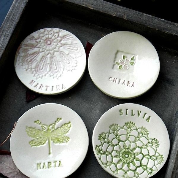 Personalized Bridesmaid Ceramic Ring Dishes Green Lace Pottery Bridal Plate Wedding Gift Jewelry Dish