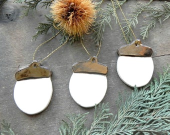 Acorn Decor, Metallic Christmas Ornaments, Acorn Ceramic Ornaments, White and Antique Gold, Woodland Rustic Home Decor - Set of 3