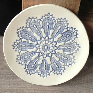 Mothers Day Ceramic Lace Plate, Blue Lace Soap Dish, Lace trinket dish, Flat Serving Plate, Shabby chic Spoon Rest, Ceramic Jewelry Dish image 6