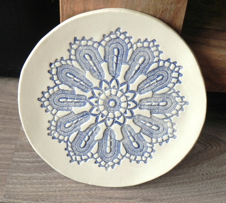 Mothers Day Ceramic Lace Plate, Blue Lace Soap Dish, Lace trinket dish, Flat Serving Plate, Shabby chic Spoon Rest, Ceramic Jewelry Dish image 6