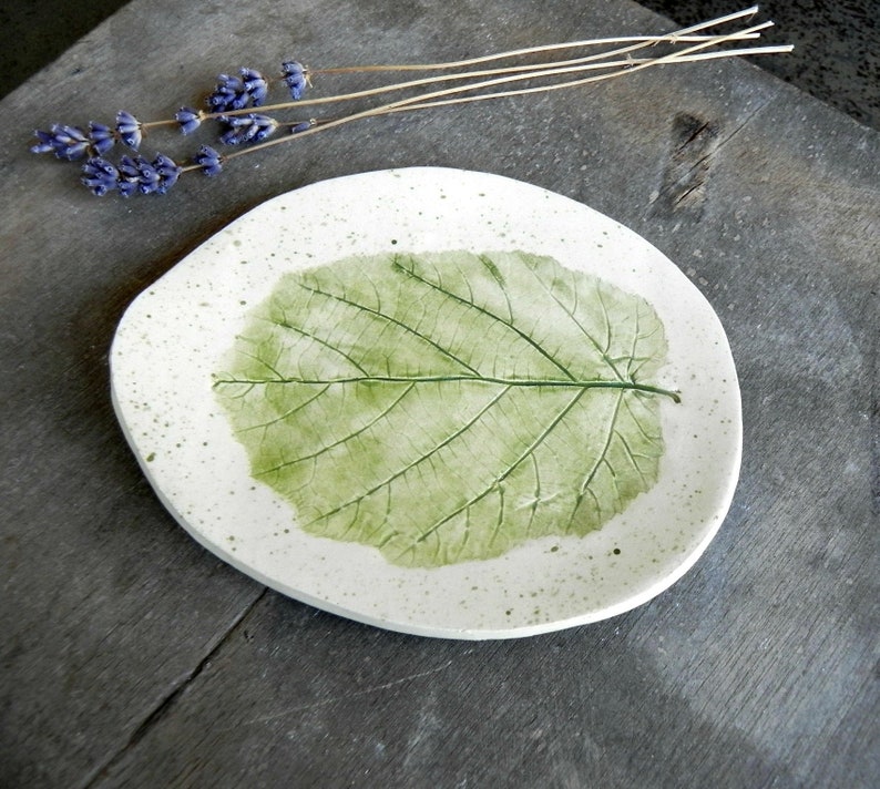 Green Leaf Ceramic Dish Organic Shape Small Pottery Plate image 0