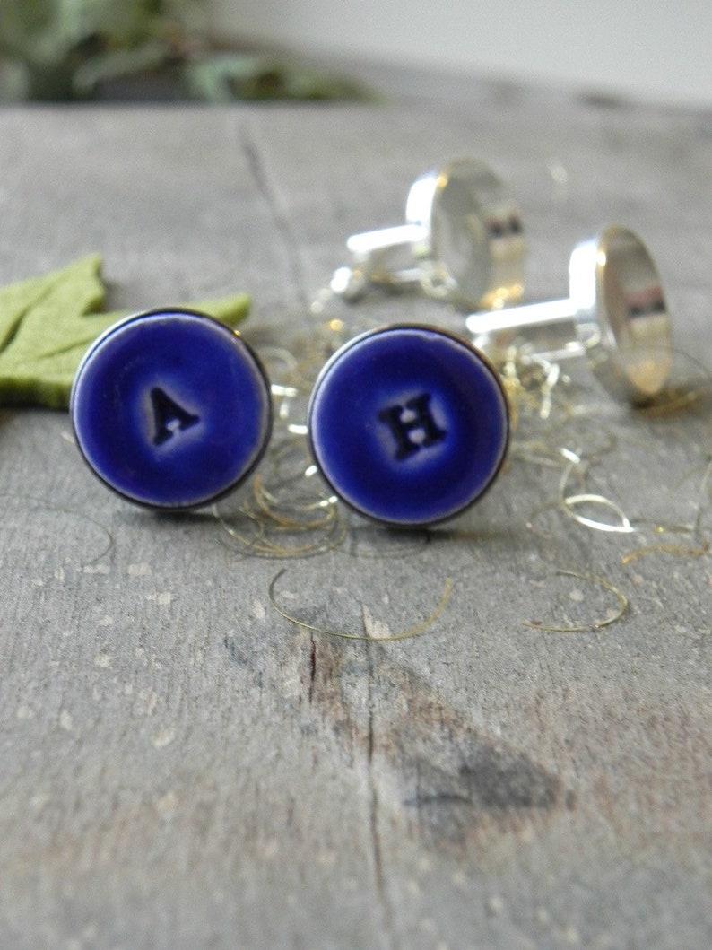 Blue Personalized Cuff Links, Wedding Monogrammed Cuff Links, Father of the Bride Gift, Best Men, Groomsmen Custom Cuff Links image 9