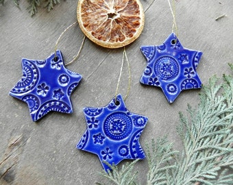Christmas Ceramic Ornaments, Blue Star Lace Pottery Gift,  X-mas Home Decoration Gift, 3 Country Holiday Ornaments, Star House Decor