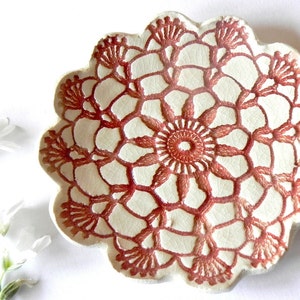 Rustic White Ceramic Dish Red Lace Flower Plate Ring Holder image 1