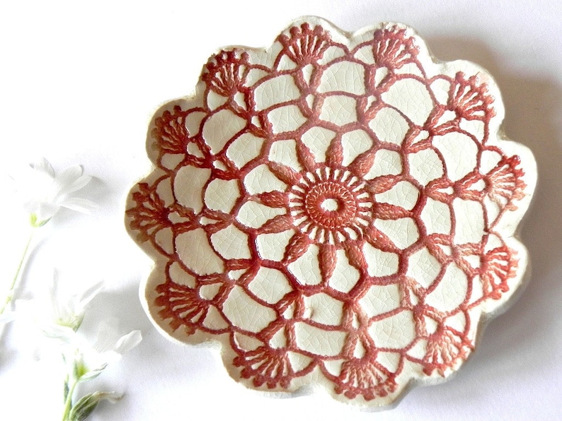 Rustic White Ceramic Dish Red Lace Flower Plate Ring Holder image 1