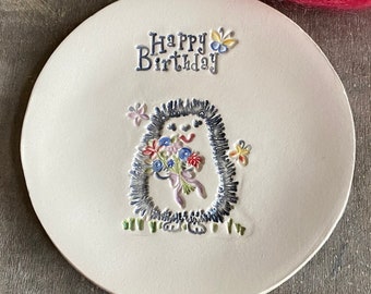 Happy Birthday Hedgehog Ceramic Plate, Little Animal Birthday Dish, Baby Girl, Baby Boy Pottery Plate, Mother Keepsake, Grandmas Gift