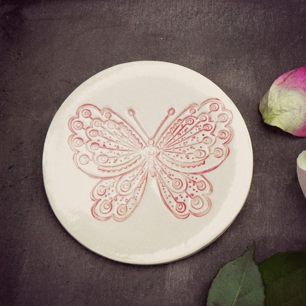 Rustic Butterfly Ceramic Plate, White Dish with Red Butterfly, Plate with Romantic Details