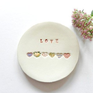Love Ceramic Jewelry Dish,  Wedding Pottery Rainbow Hearts, Mother Trinket Dish , Colorful Ring Dish, Best Friends Dish, Sisters Gift