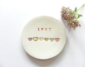 Love Ceramic Jewelry Dish,  Wedding Pottery Rainbow Hearts, Mother Trinket Dish , Colorful Ring Dish, Best Friends Dish, Sisters Gift