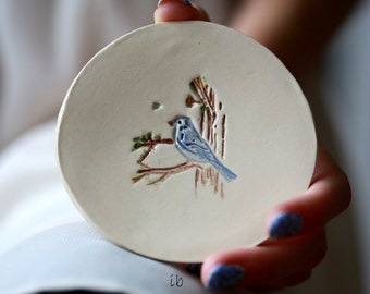 Ceramic Jewelry Dish White  Little Blue Bird Dish Colorful Home Decor Pottery Plate Recycled Box