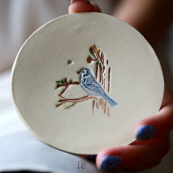 Ceramic Jewelry Dish White  Little Blue Bird Dish Colorful Home Decor Pottery Plate Recycled Box