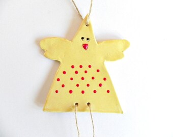 Yellow Chicken Ceramic Ornament Animal Pottery Red Dots Eco Friendly