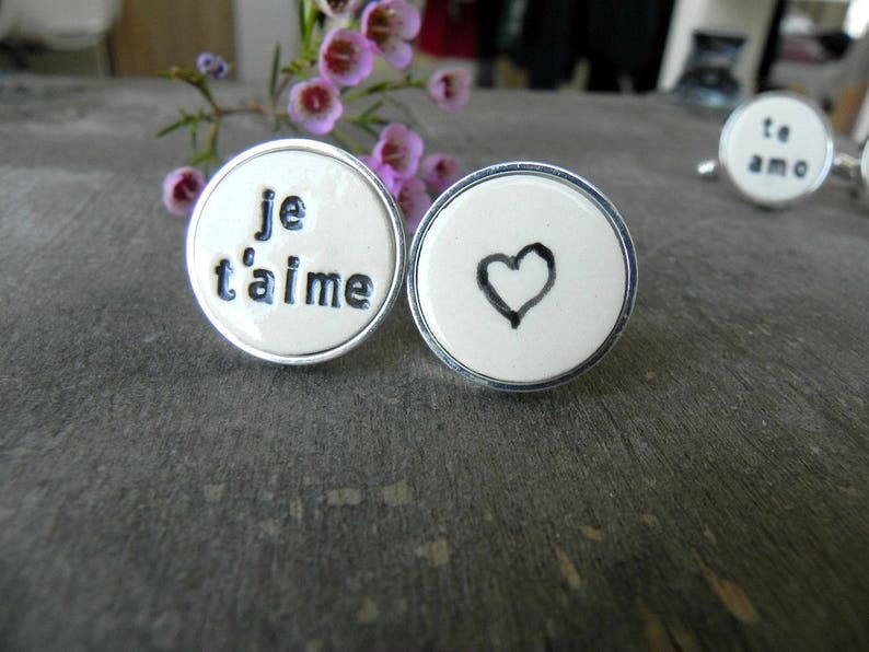 Personalized Love Cuff Links, Je t'aime, Heb Je Lief en Heart Cuff Links, unique Groom cuff links, Best Man Groomsmen Custom Cuff Links image 2