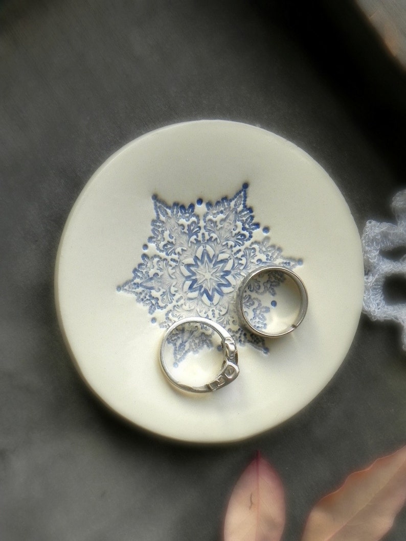 Ceramic Ring Holder Blue Snowflake Ring Dish Icy Round Plate image 0