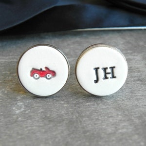 Personalisierte rote Auto Manschettenknöpfe, Weihnachtsgeschenk für ihn, Keramik Manschettenknöpfe, Porzellan Hochzeit Manschettenknöpfe, bester Mann, Busfahrer, Wanderlust