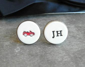 Personalized Red Car Cuff Links, Christmas Gift for Him, Ceramic Cufflinks, Porcelain Wedding Cuff Links, Best Man, Bus driver, Wanderlust