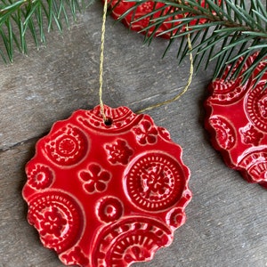 Handmade Red Lace Ceramic Ornament, 3 Christmas Ornaments, Home Decor Gift, Red Christmas Gift Lace Pottery Red Christmas tree ornament image 7