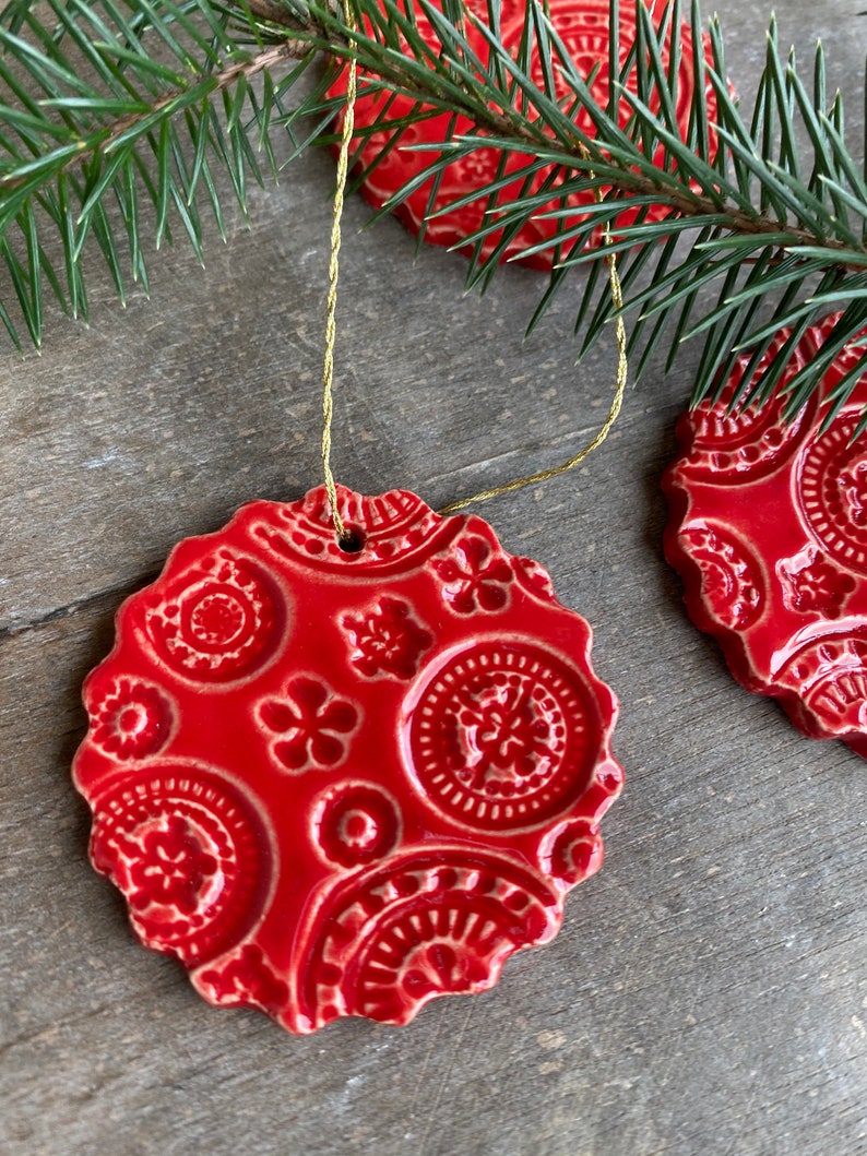 Handmade Red Lace Ceramic Ornament, 3 Christmas Ornaments, Home Decor Gift, Red Christmas Gift Lace Pottery Red Christmas tree ornament image 7