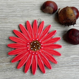 Ceramic Daisy Wall Decoration Red Flower Pottery Ornament Brown Dots