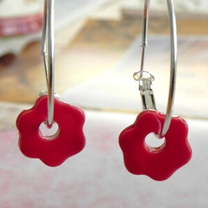 Red Flower Ceramic Earrings Sterling Silver Plated Hoop Earrings Minimalist Ceramic Jewelry image 2